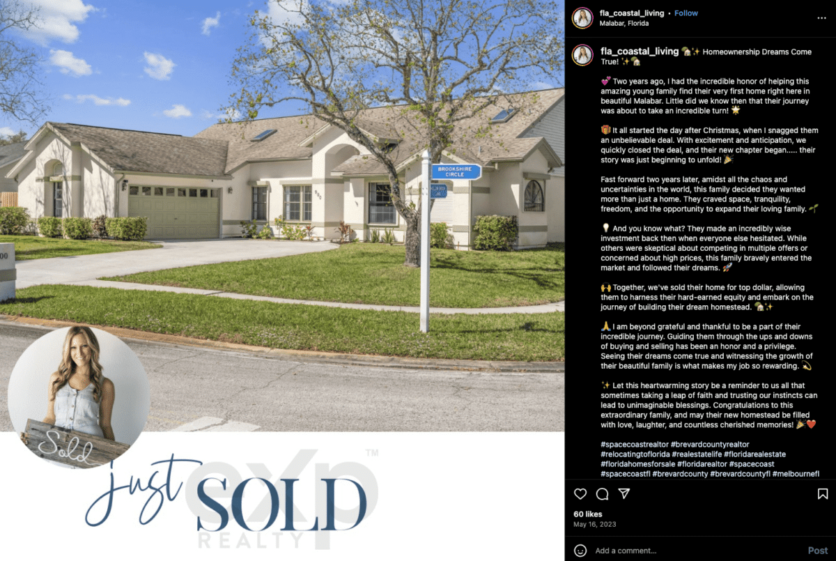 Screenshot of an Instagram post with an image of a home, the real estate agent's headshot holding a sign that reads "Sold" and a banner across the bottom with "Just Sold" and EXP Realty. The description tells the story of the buyers turned sellers the agent worked with on this transaction.